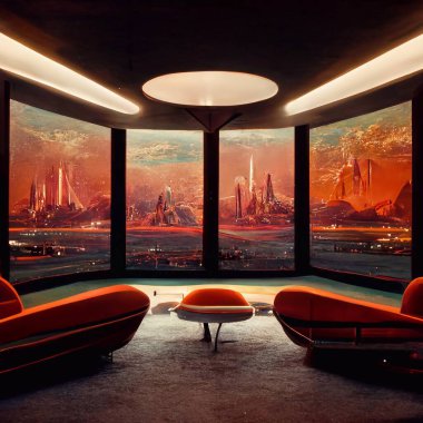 Uzay salonu fütüristik retro iç tasarım, görüntüleme. Yüksek kalite 3d illüstrasyon