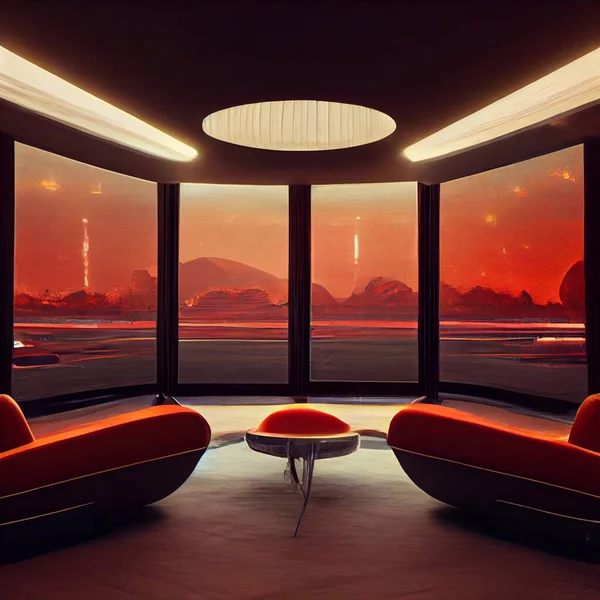 Espaço Lounge Futurista Retro Design Interiores Renderização Ilustração Alta Qualidade — Fotografia de Stock