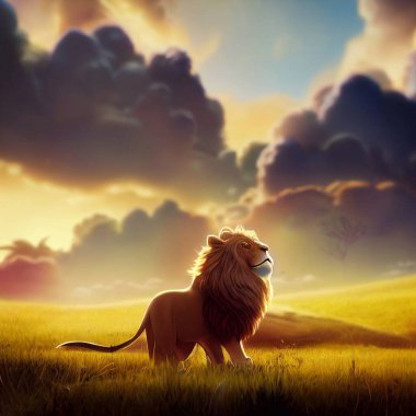 Ormanda çizgi film stili aslan. Yüksek kalite 3d illüstrasyon 