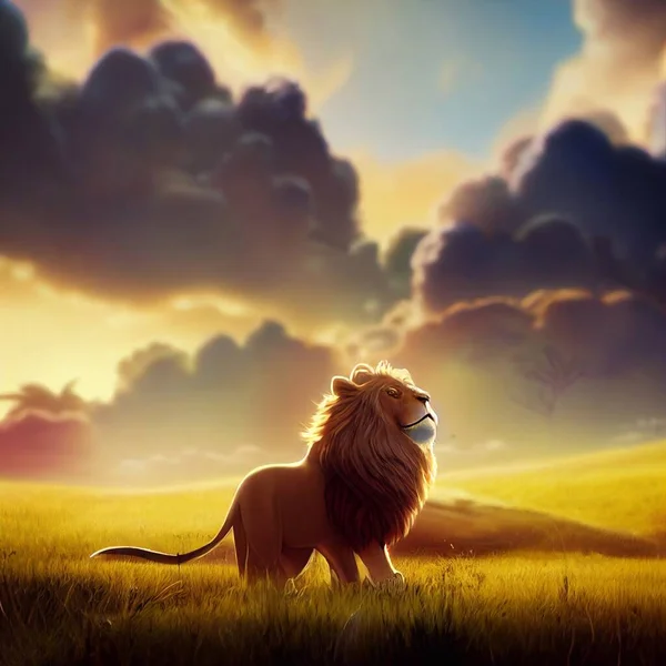 Dessin Animé Lion Dans Jungle Illustration Haute Qualité — Photo