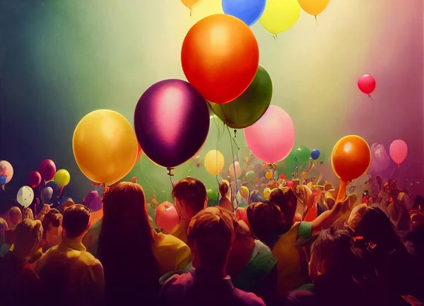 Tłum Ludzi Stojących Kolorowymi Balonami Wysokiej Jakości Ilustracja — Zdjęcie stockowe