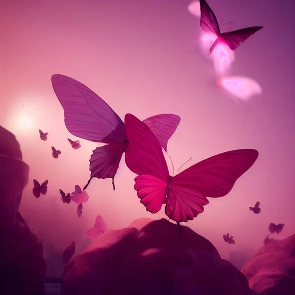 Pink butterflies in the sky. High quality 3d illustration