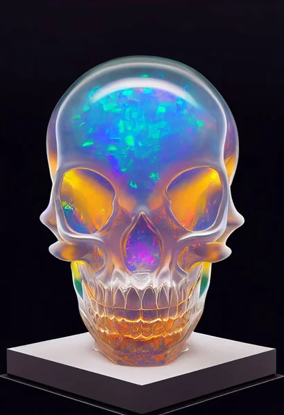 Glass opal demon skull on glass display pedestal, highly detailed, cracks, opalescent. High quality 3d illustration