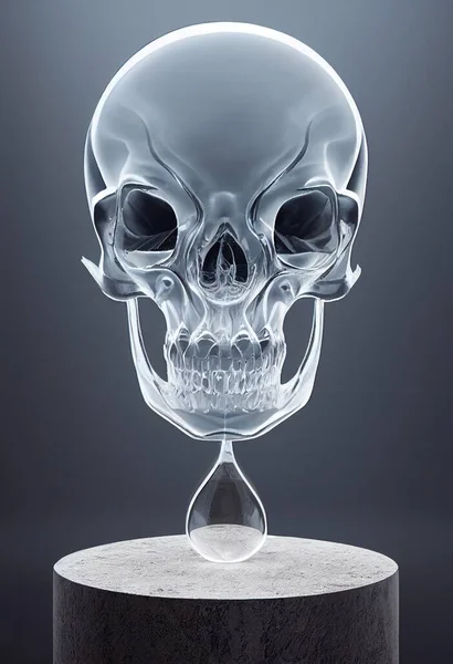 Glass opal demon skull on glass display pedestal, highly detailed, cracks, opalescent. High quality 3d illustration