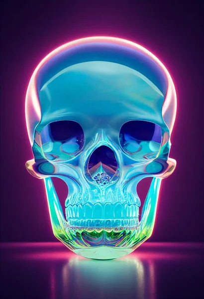 Glass opal demon skull on glass display pedestal, highly detailed, cracks, opalescent. High quality 3d illustration