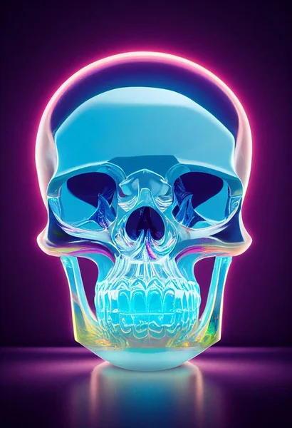 Glass opal demon skull on glass display pedestal, highly detailed, cracks, opalescent. High quality 3d illustration