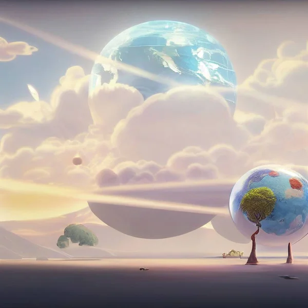 Cartoon style planet Earth in the white clouds . High quality illustration