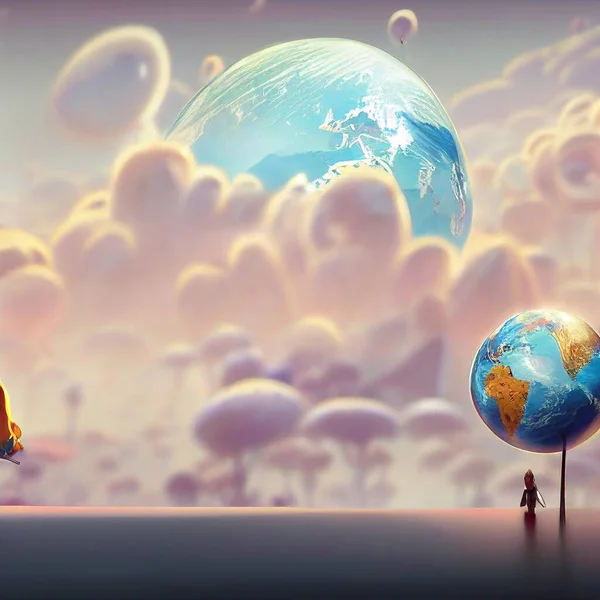 Cartoon style planet Earth in the white clouds . High quality illustration
