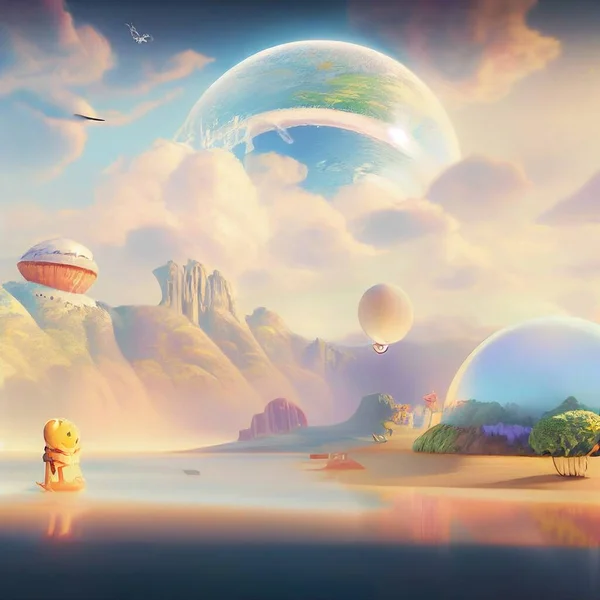 Cartoon style planet Earth on fantasy landscape background. High quality illustration