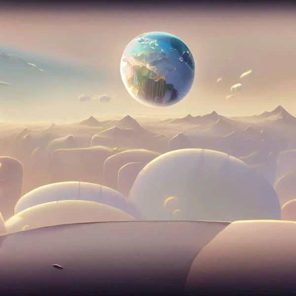 Cartoon style planet Earth in the white clouds . High quality illustration