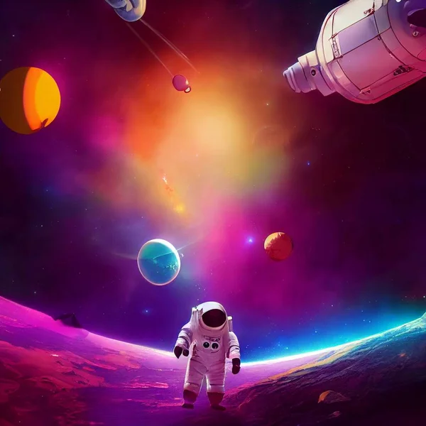 Astronauta Dibujos Animados Espacio Fondo Colorido Ilustración Alta Calidad —  Fotos de Stock