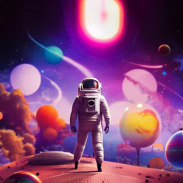 Astronaute Style Dessin Animé Dans Espace Fond Coloré Illustration Haute — Photo