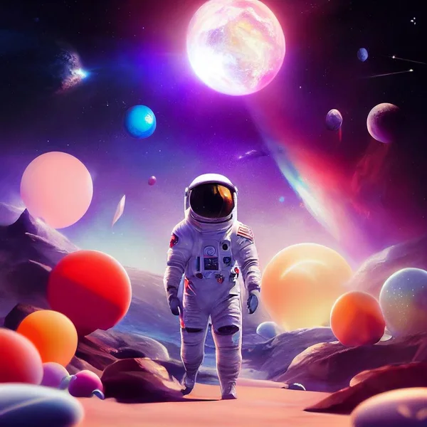 Astronauta Stile Cartone Animato Nello Spazio Sfondo Colorato Illustrazione Alta — Foto Stock