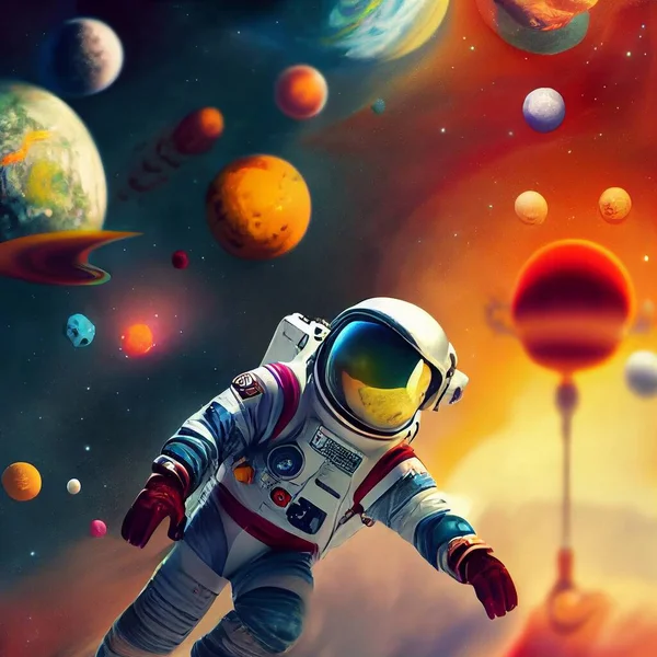 Cartoon style astronaut in space, colorful background. High quality illustration