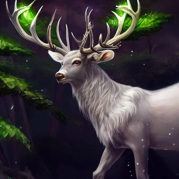 White Fey Elk Big Antlers Middle Forest High Quality Illustration — Stock Photo, Image