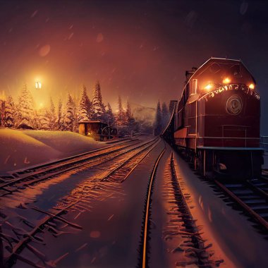 Çizgi film tarzı tren soğuk kış gecelerinde yola çıkıyor. Yüksek kalite 3d illüstrasyon