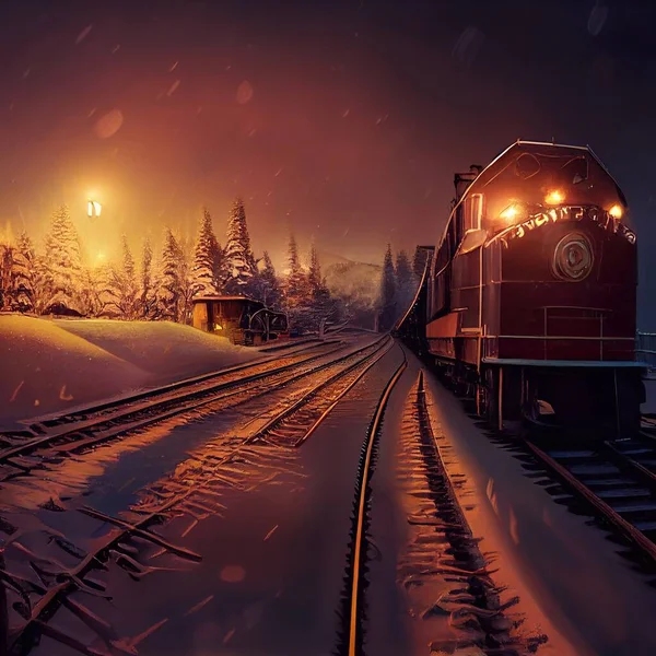 cartoon style train riding on cold winter night . High quality 3d illustration
