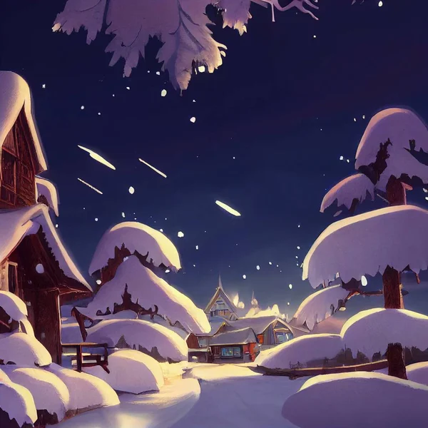 Vista Vicino Una Casa Legno Nella Foresta Coperta Neve Illustrazione — Foto Stock