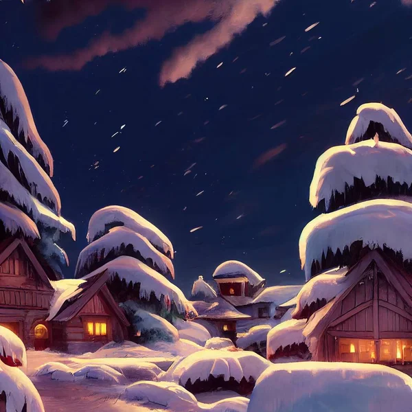 Vista Perto Sobre Uma Casa Madeira Floresta Coberta Neve Ilustração — Fotografia de Stock