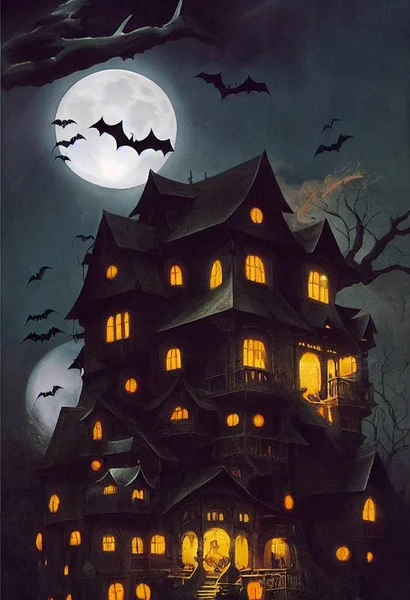 Dom Halloween Wzgórzu Pełni Księżyca Nietoperze Latające Niebie Wysokiej Jakości — Zdjęcie stockowe