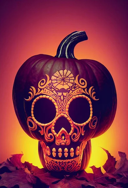 Retrato Abóbora Crânio Halloween Arte Estilo Mexicano Ilustração Alta Qualidade — Fotografia de Stock