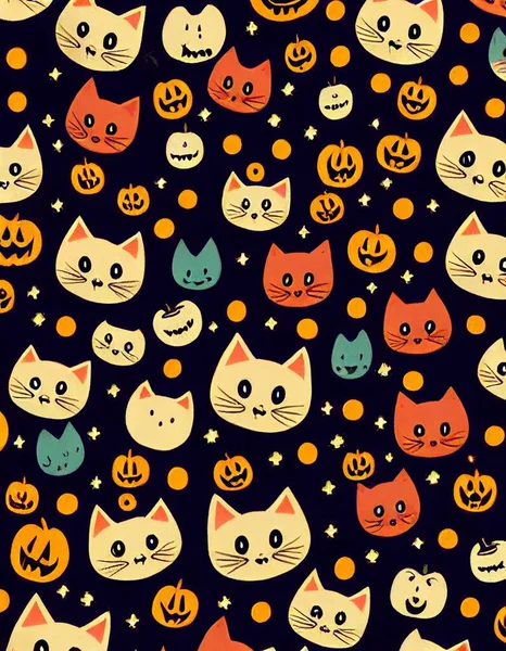 Cute Cats Pumpkins Black Background Halloween Style Pattern Design High — Stock Photo, Image