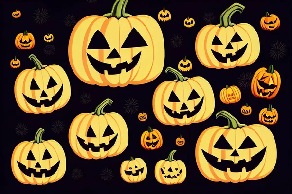 Scary pumpkins on black background, Halloween style pattern design . High quality illustration