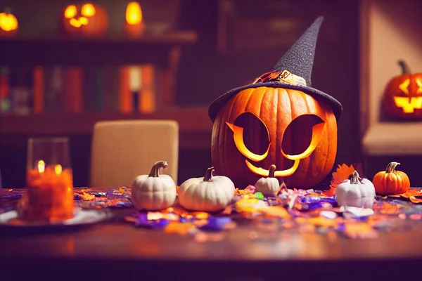 Χαριτωμένο Κεφάλι Κολοκύθας Halloween Στο Τραπέζι Εικόνα Κάρτας Δώρου Υψηλής — Φωτογραφία Αρχείου