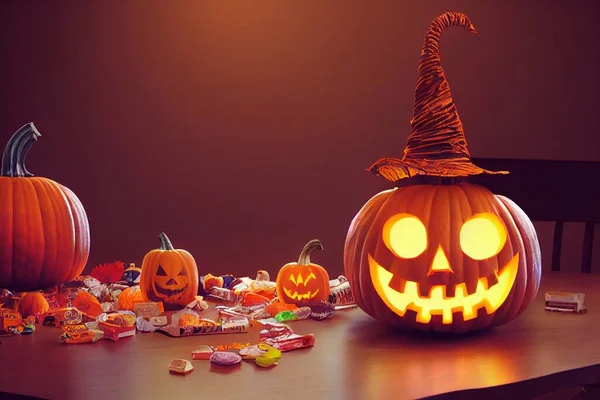 Cute Halloween Pumpkin Head Table High Quality Gift Card Illustration — Stock Photo, Image