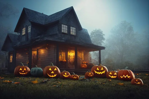 Halloween house surrounded by pumpkins . High quality illustration