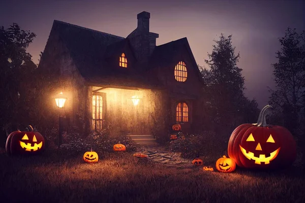 Halloween house surrounded by pumpkins . High quality illustration