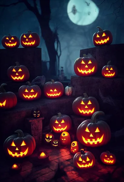 Tema Espeluznante Halloween Calabazas Sobre Fondo Luna Llena Ilustración Alta — Foto de Stock