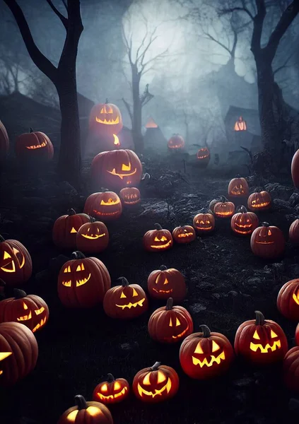 Tema Halloween Assustador Abóboras Fundo Lua Cheia Ilustração Alta Qualidade — Fotografia de Stock