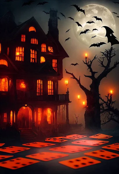 Halloween house with full moon and bats flying in the sky, Halloween style playing cards . High quality illustration