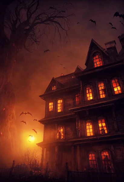 Rumah Halloween Dengan Bulan Purnama Dan Kelelawar Terbang Langit Gaya — Stok Foto