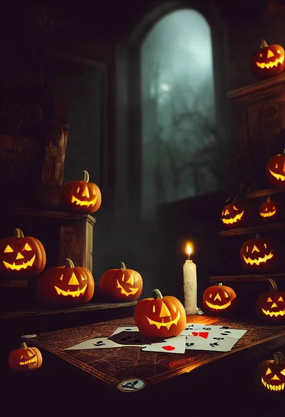 Halloween Tema Jogar Cartas Casa Assombrada Assustador Ilustração Alta Qualidade — Fotografia de Stock