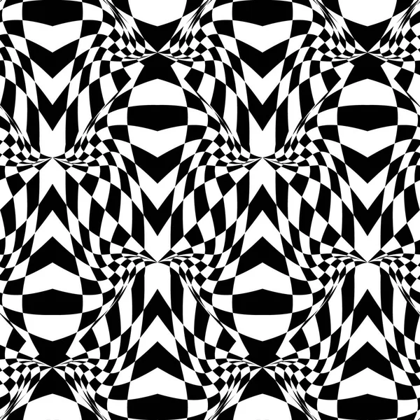 Geometric checkered pattern. Black white shape distortion illusion design with rhombuses and waves. — Stock Vector