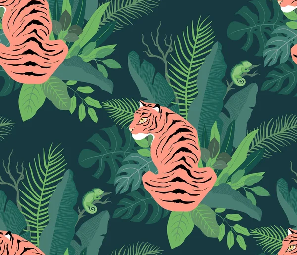 Seduto tra la giungla tigre e camaleonte. — Vettoriale Stock