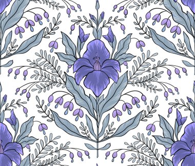 Soyut mavi gladiolus ve beyaz yapraklı leylak yaban çiçekleri.