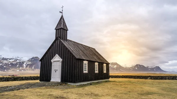 Chiesa Nera Sulla Penisola Snafellsnes Budakirkja Chiesa Budir Islanda — Foto Stock