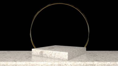 3D soyut sergi salonu. Lüks bir şekilde hazırlanmış gerçekçi beyaz mermer kaide kürsüsü. Ürün görüntüleme şablonu sunumu için en küçük sahne. altın geometrik arkaplan