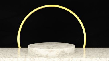 3D showroom, beyaz mermer kaide podyumu ürün gösterim şablonu sunumu için, siyah ve altın rengi