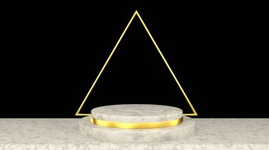 3D showroom, beyaz mermer kaide podyumu ürün gösterim şablonu sunumu için, siyah ve altın rengi