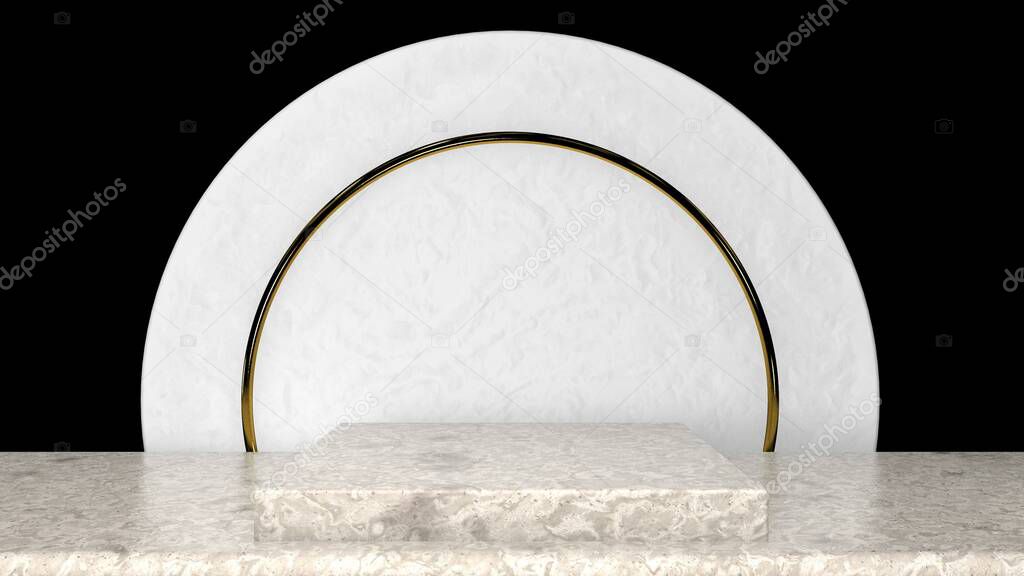 3D abstract showroom with realistic white marble pedestal podium set in luxury style. Minimal scene for product display template presentation. golden geometric background