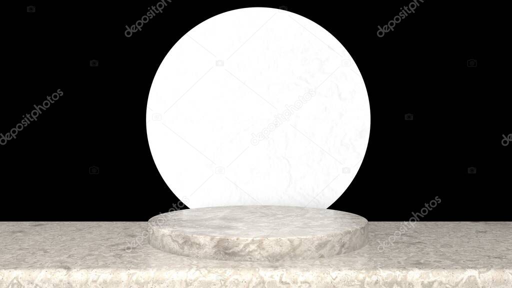3D abstract showroom with realistic white marble pedestal podium set in luxury style. Minimal scene for product display template presentation. golden geometric background