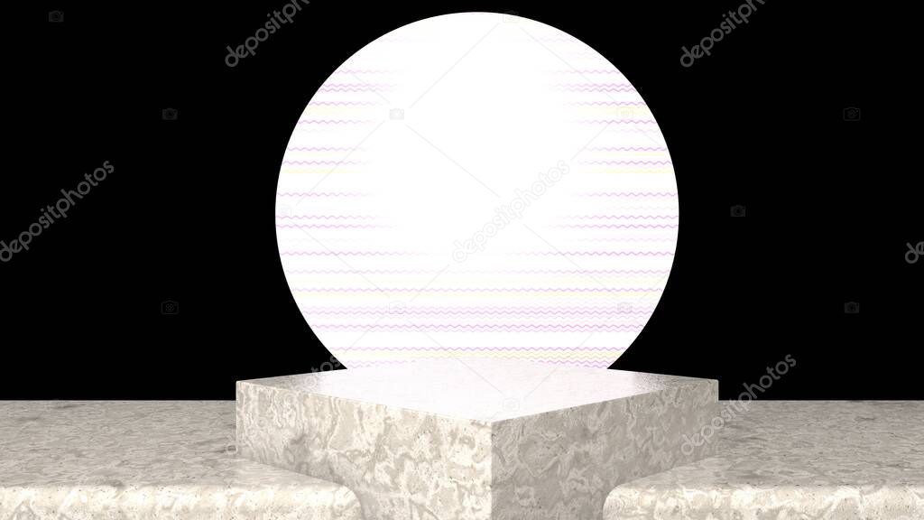 3D abstract showroom with realistic white marble pedestal podium set in luxury style. Minimal scene for product display template presentation. golden geometric background