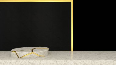 3D showroom, beyaz mermer kaide podyumu ürün gösterim şablonu sunumu için, siyah ve altın rengi