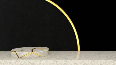 3D showroom, beyaz mermer kaide podyumu ürün gösterim şablonu sunumu için, siyah ve altın rengi