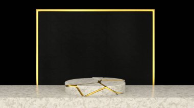 3D showroom, beyaz mermer kaide podyumu ürün gösterim şablonu sunumu için, siyah ve altın rengi