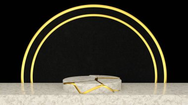 3D showroom, beyaz mermer kaide podyumu ürün gösterim şablonu sunumu için, siyah ve altın rengi